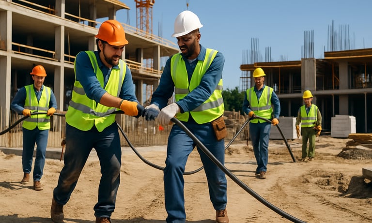 Elektrikerteam auf einer Baustelle zieht Kabel und installiert Anlagen in industrieller Umgebung