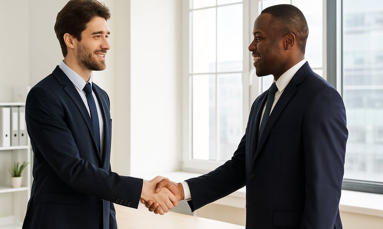 Zwei Geschäftsleute in Anzügen geben sich in einem modernen Büro die Hand – Symbol für Partnerschaft