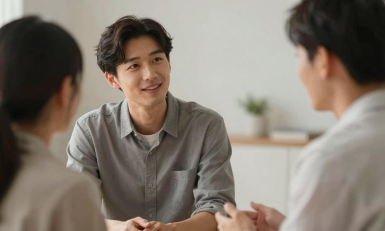 An image of two people talking in a supportive, empathetic setting. The lighting is soft and warm. Palette: #7A6F6D and #B7B0A9.