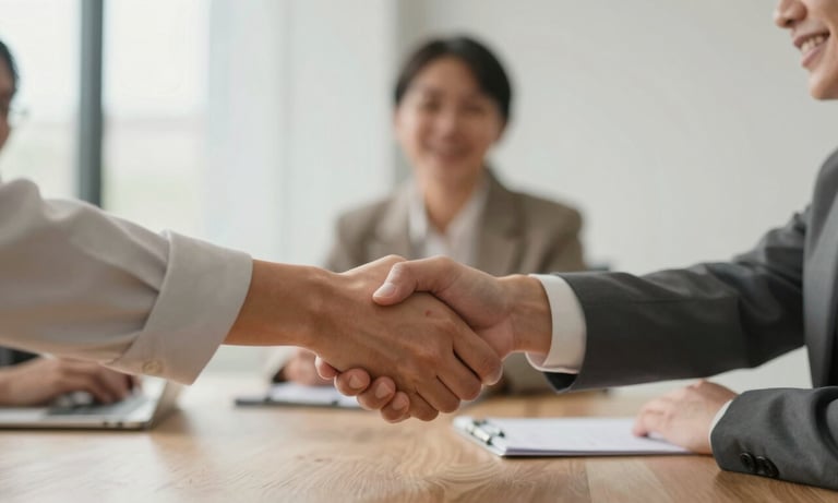 An image of a professional meeting in a warm, clean room, focusing on a handshake that symbolizes a new partnership. Muted tones of #B7B0A9 and #3E3C3B.