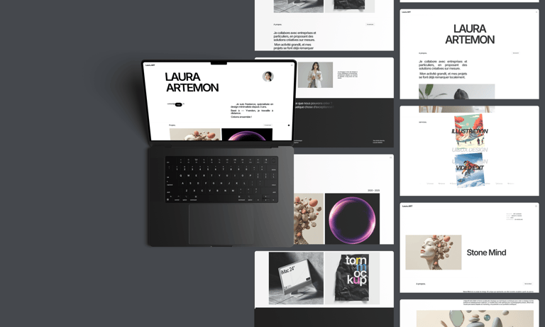 A laptop screen displaying various webpages of Laura.art