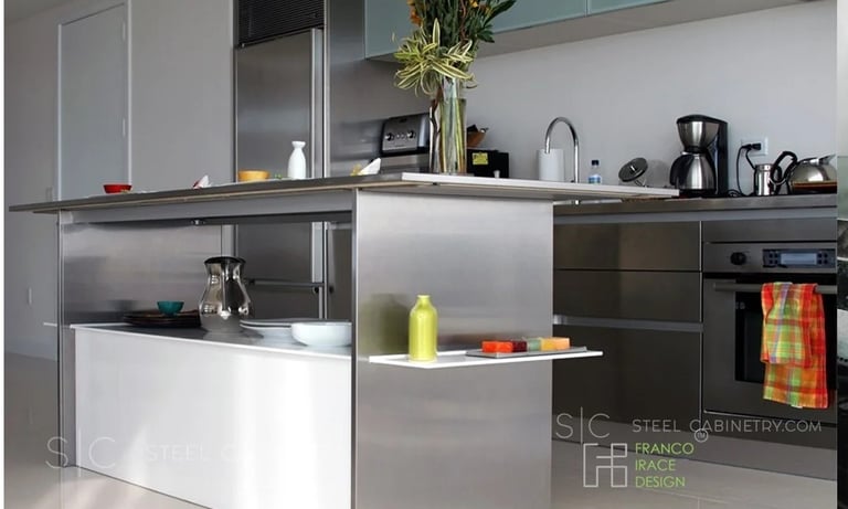 beautiful white acrylic and stainless steel island
