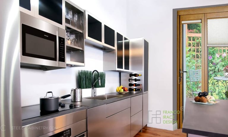 Handless modern steel cabinets for kitchen