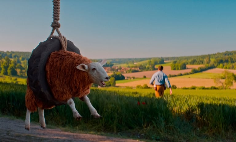 A sheep hanging on a tree swing tyre