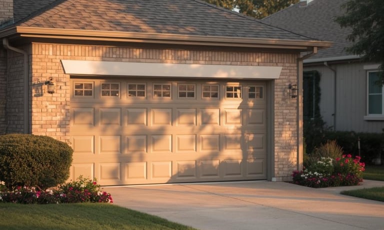 Modern beige sectional garage door with windows on a brick house during sunset.