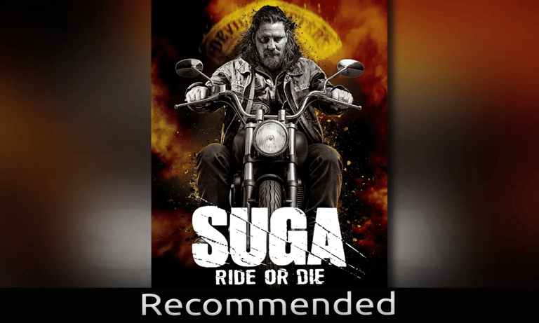 Poster of man riding a motorcycle with words Suga Ride or Die
