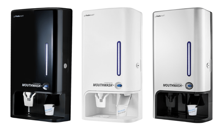 Dispensadores automáticos de enjuague bucal GotFreshBreath en color negro, blanco y cromado, ideales