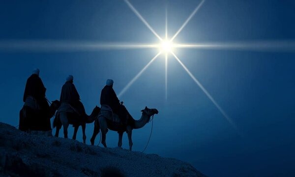 3 wise Men riding camels toward Star of Bethlehem