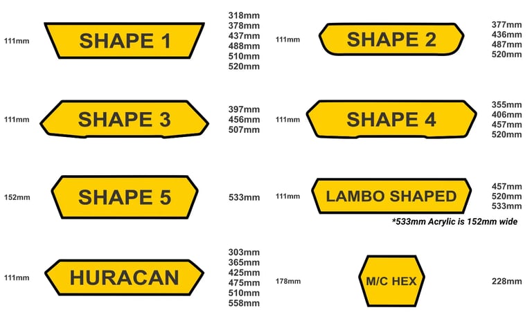 hex and lambo shaped blank number plates