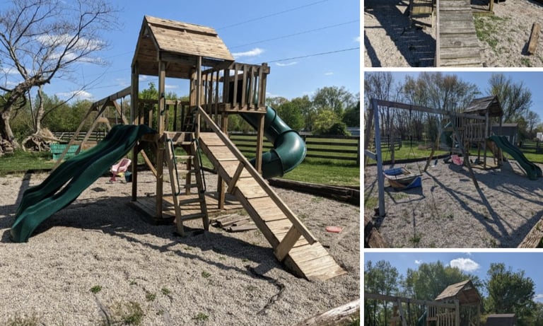 A swing set lightly washed and cleaned of all mold and mildew