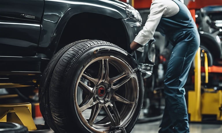 A person works intently on a vintage car with its hood open in a dimly lit garage. Tools and various mechanical parts are organized on shelves and walls, casting a warm, focused atmosphere. The vehicle appears to be an older model with a silver body and exposed engine components.