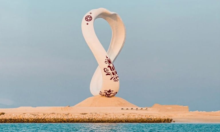 White Fiberglass Emblem Monument for FIFA World Cup Qatar 2022 Seaside Landmark in Doha by DEFARA