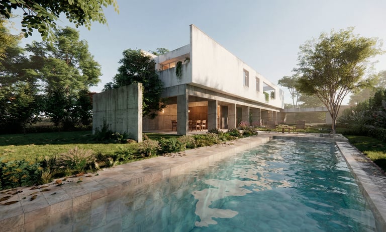 Casa moderna, minimalista y contemporánea, vista desde la pileta, el patio y la integración con la galería. 