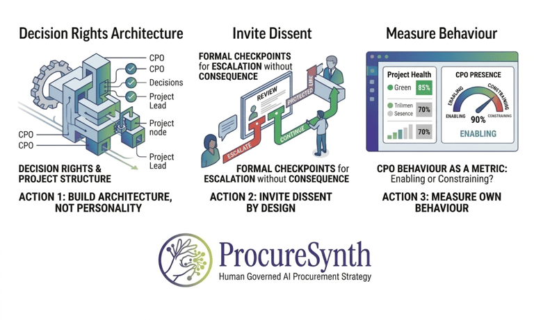 Infographic outlining ProcureSynth procurement strategy focusing on decision rights architecture, dissent, and CPO behavior