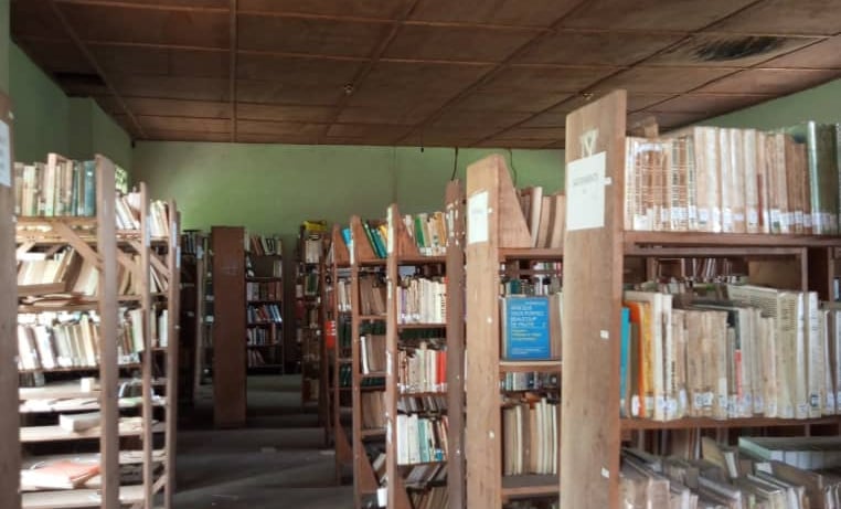 a room with a lot of bookshelves and a chair