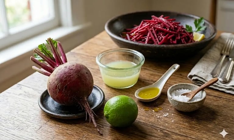Beterraba média crua, limão espremido, azeite de oliva e sal dispostos para preparo de salada
