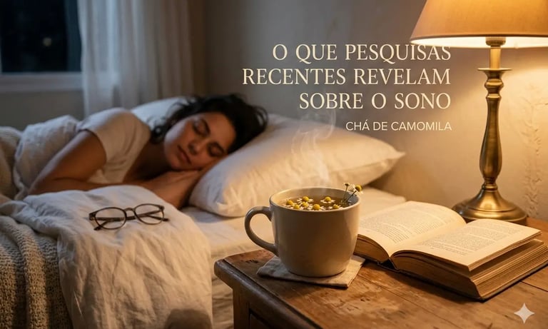 Mulher dormindo tranquilamente na cama, próxima a um criado-mudo com uma xícara de chá de camomila 