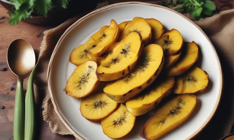 Fatias de banana-da-terra cozida servidas em prato rústico, com polpa dourada e textura macia