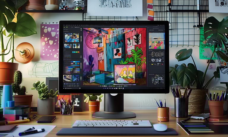 a computer monitor screen with a computer monitor and keyboard