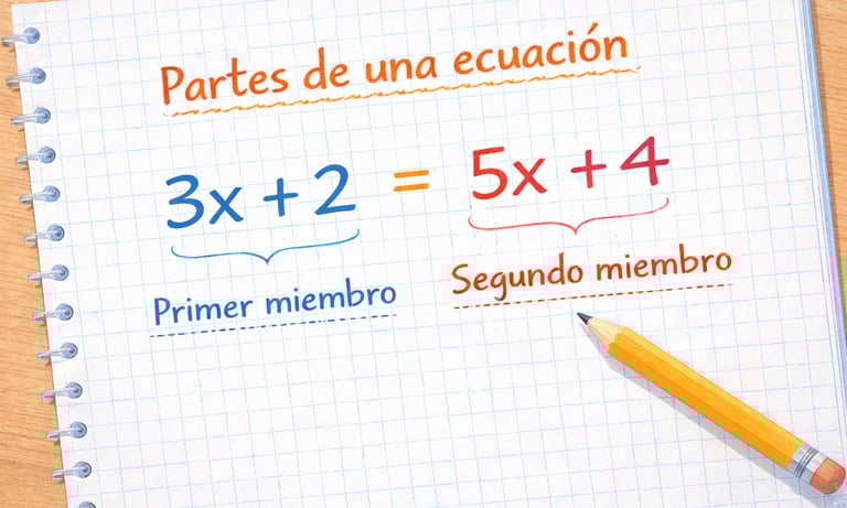 Ejemplo de las partes de una ecuación escrito en un cuaderno cuadriculado, mostrando primer y segundo miembro