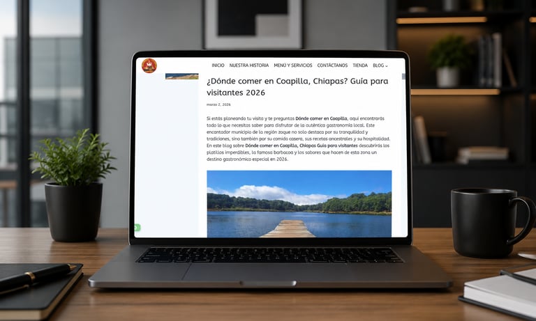 Sobre un escritorio de madera, se ve una computadora portátil con una publicación de blog