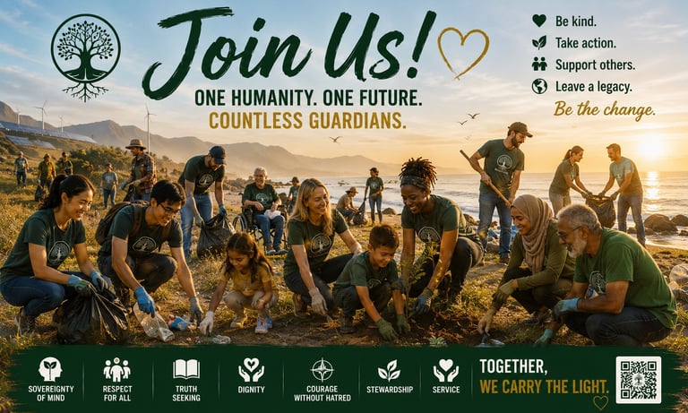 Diverse volunteers planting trees and cleaning up a beach at sunset for environmental stewardship.