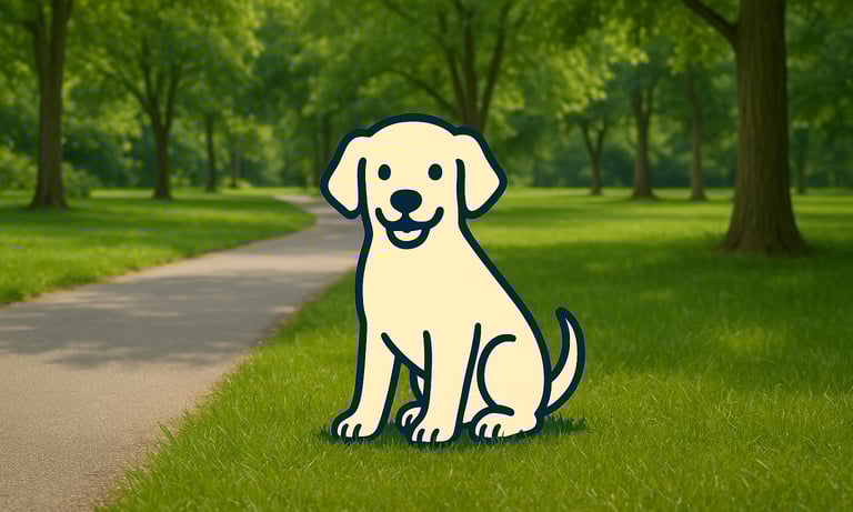 Cartoon dog sitting near park path – Doo Ing It commercial pet waste cleanup services for apartments