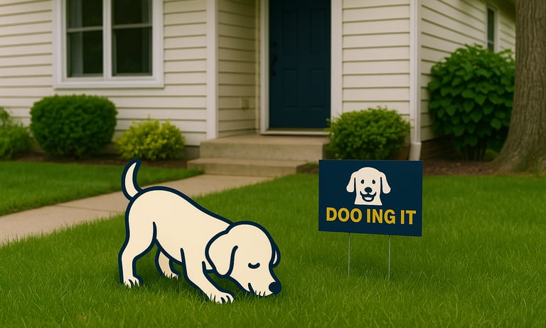 Cartoon dog sniffing grass next to Doo Ing It yard sign – weekly and twice weekly pet waste removal 