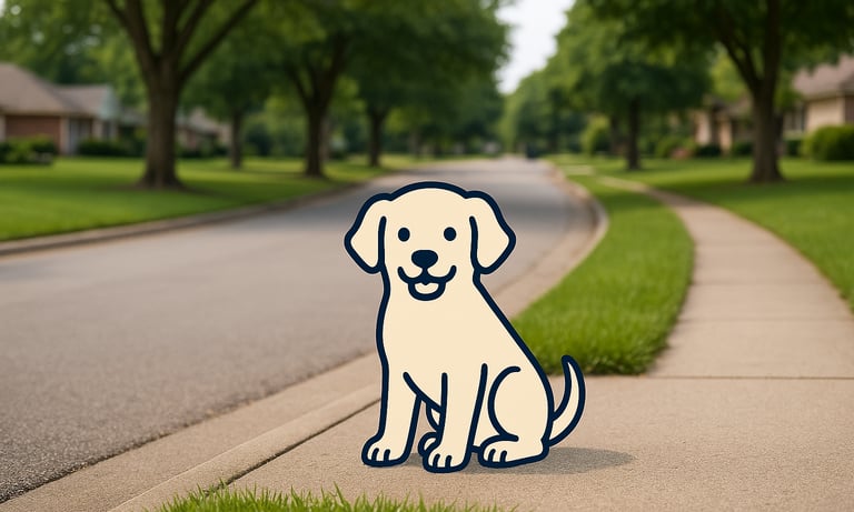 Cartoon dog sitting on sidewalk in neighborhood – Doo Ing It one-time deep yard cleanup pet waste re