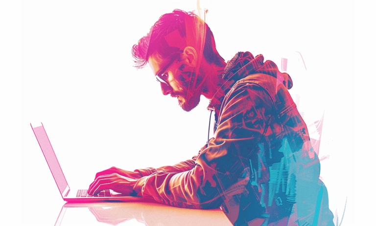 colourful image of a man working on a laptop against a white background