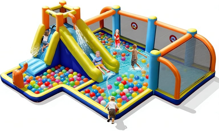 BOUNTECH Inflatable Water Slide, Kids Water Park Jump Castle Water Soccer with Dual Cannons, Splash 