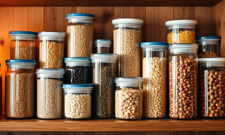 various dried foods in airtight containers on a shelf