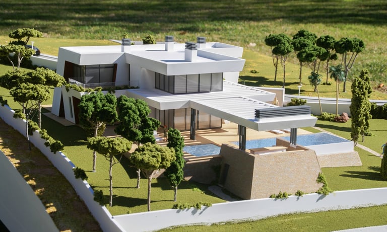 maqueta edificio con piscina