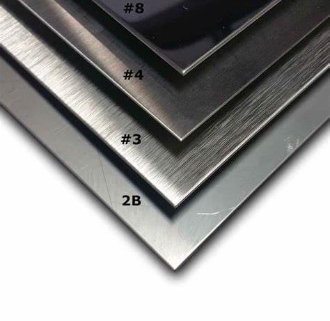 Samples of #2B, #3, #4 and mirror‑polished stainless finishes