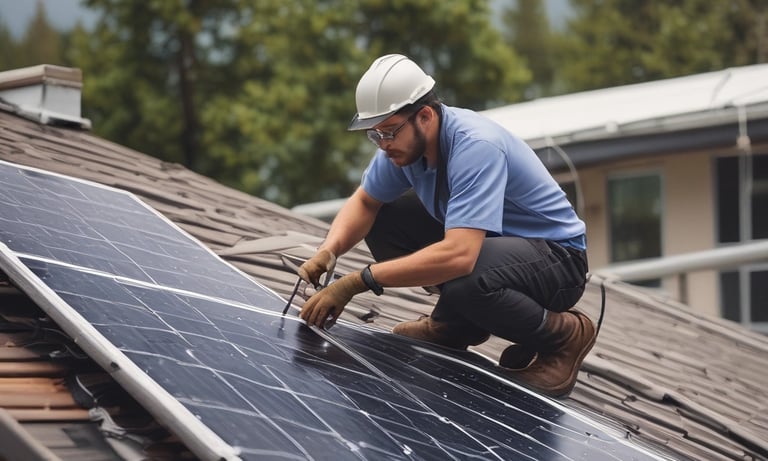 Solar panels are installed on a rooftop under a partly cloudy sky, capturing sunlight efficiently. The panels are aligned in neat rows, suggesting a modern approach to renewable energy.