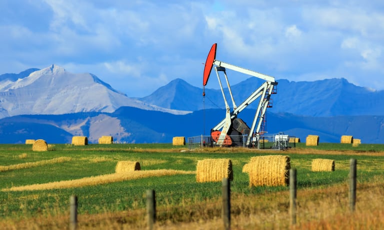 An oil pumpjack in Alberta, Canada, operating a reciprocating piston.