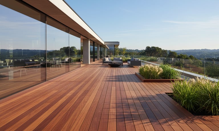 modernus fasadas, bangkirai medienos terasa