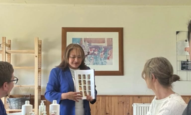 Formation en présentiel : une formatrice présente un support illustré aux participants assis.