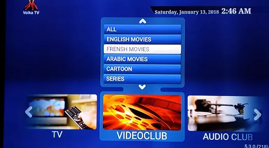 Volka TV digital interface showing a video club menu with movie categories and channel options.