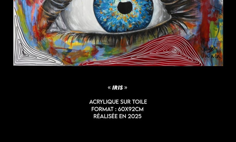 Tableau contemporain iris coloré Céline Didier artiste peintre aux tons rouges blanc bleu realiste
