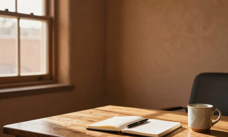 Wide environmental shot of a quiet Santa Fe office workspace — a wooden desk with an open notebook, pen resting beside a ceramic mug, soft golden afternoon light spilling through a deep-set adobe window on the left, warm ochre wall texture visible