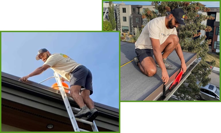 Mop Monkey technician cleaning gutters in Calgary from ladder and roof