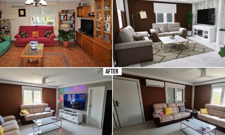 Living room before and after villa renovation in La Marina, transformed from a traditional dark wood