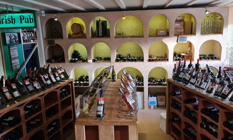 Rustic wine cellar and retail store featuring arched wall shelves and racks filled with assorted wine bottles.