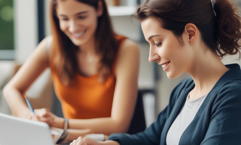 A childcare educator interacting with children using a tablet for digital learning.