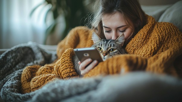 Mujer acurrucada con su gato en un sofá. 