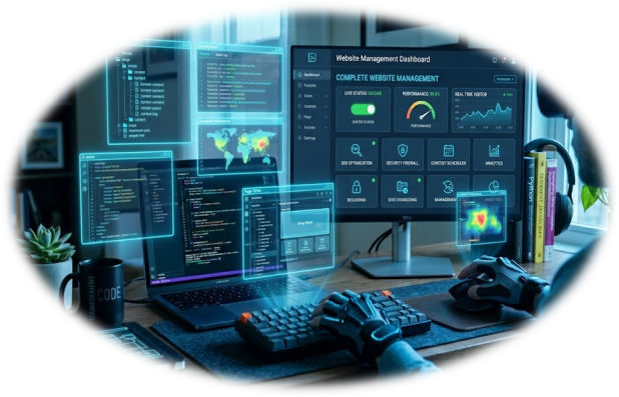 A developer using a website management dashboard with holographic coding windows and analytics data.
