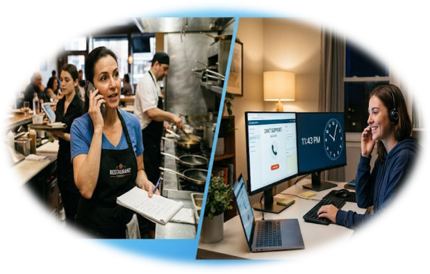 A restaurant manager on a call next to a 24/7 customer support representative working at night.