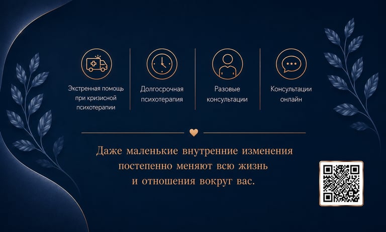 Professional psychotherapy services banner featuring icons for crisis help, long-term therapy, and online consultations.