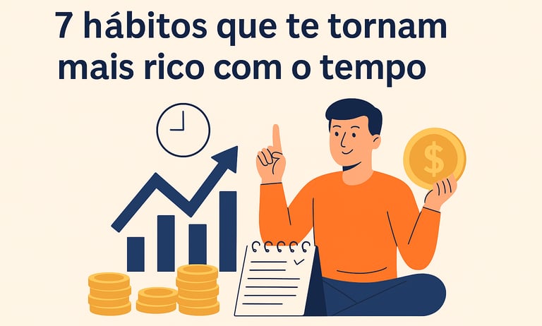 Homem feliz segurando uma moeda de ouro ao lado de gráficos de crescimento, relógio e caderno, repre